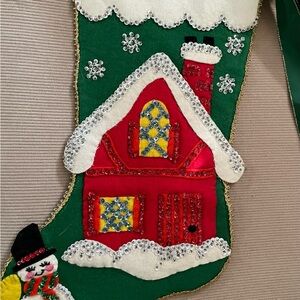 Bucilla Vintage Finished Green Felt Sequined Stocking with a Snowman and Cottage